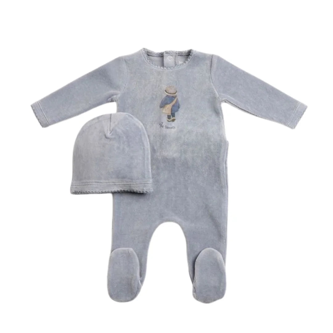 A front view of the elegant blue horizon Bee & Dee au revoir footie and beanie set.
