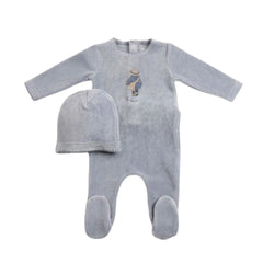 A front view of the elegant blue horizon Bee & Dee au revoir footie and beanie set.