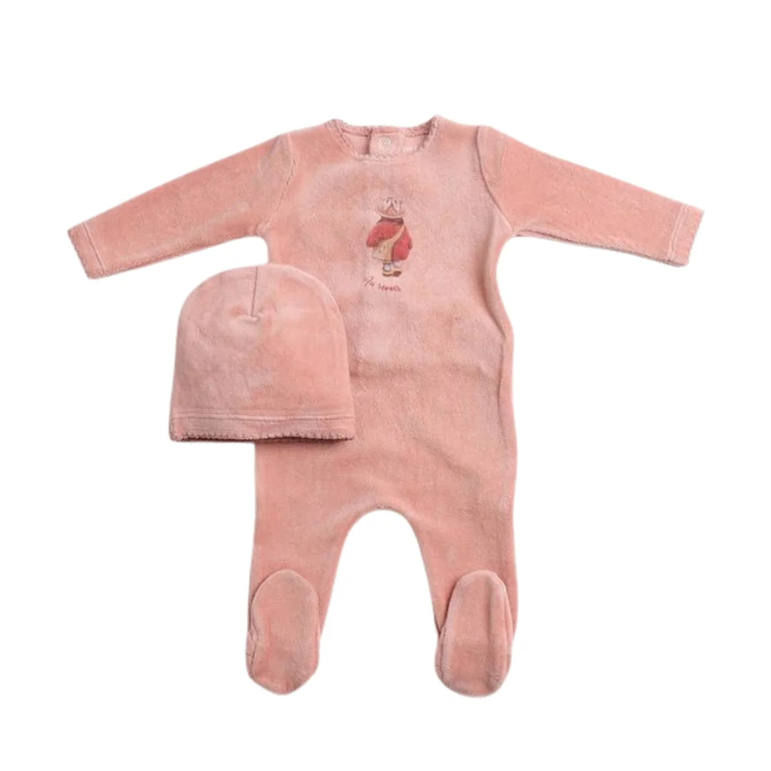 A front view of the elegant satin pink Bee & Dee au revoir footie and beanie set.