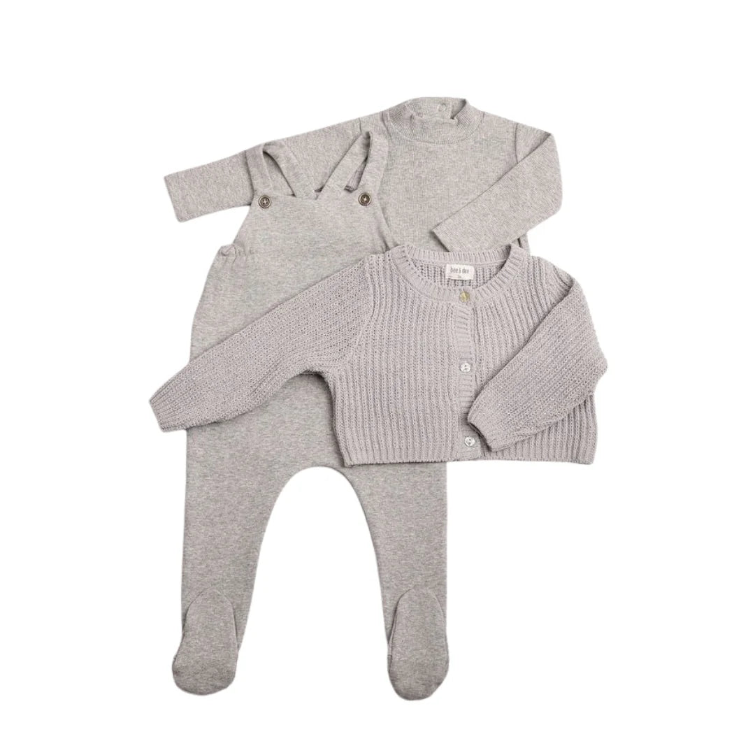 A front view of the Bee & Dee mid grey chenille cardigan overall for babies.