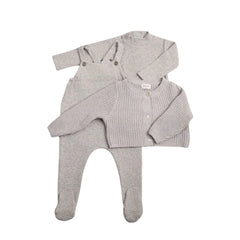 A front view of the Bee & Dee mid grey chenille cardigan overall for babies.