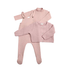 A front view of the Bee & Dee tea rose chenille cardigan overall for babies.