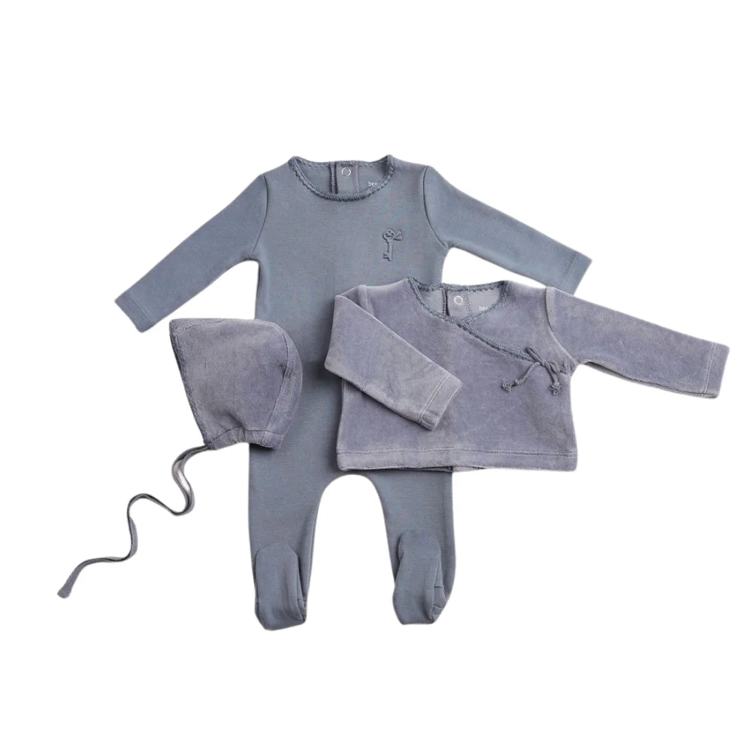A front view of the elegant blue haze Bee & Dee wrap set.