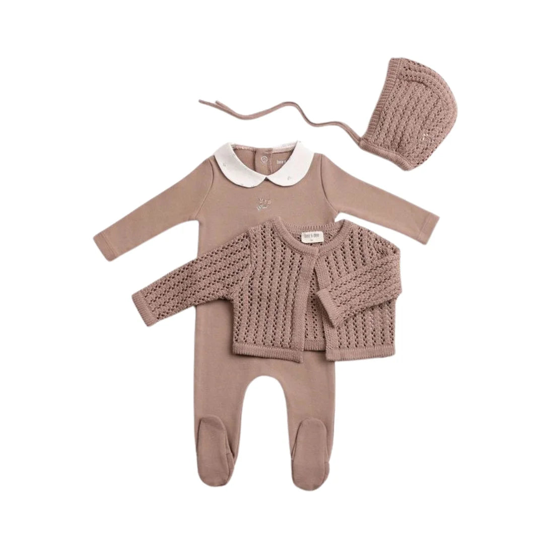 A front view of the elegant cocoa-colored Bee & Dee Delicata Ensemble.