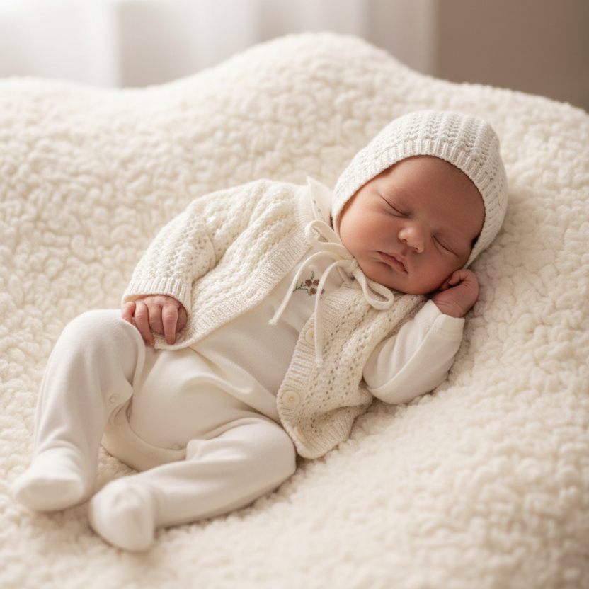 A sleeping newborn baby wearing a cream-colored knit bonnet and matching footed onesie, lying on a soft cream-colored textured blanket.
