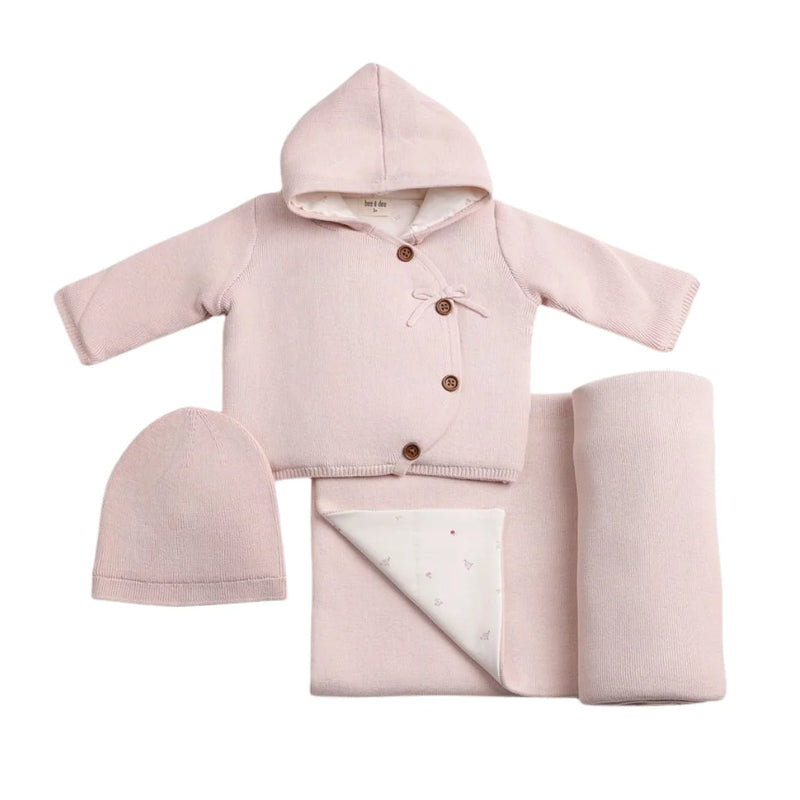 A front view of the elegant mauve Bee & Dee delicata knit jacket full set