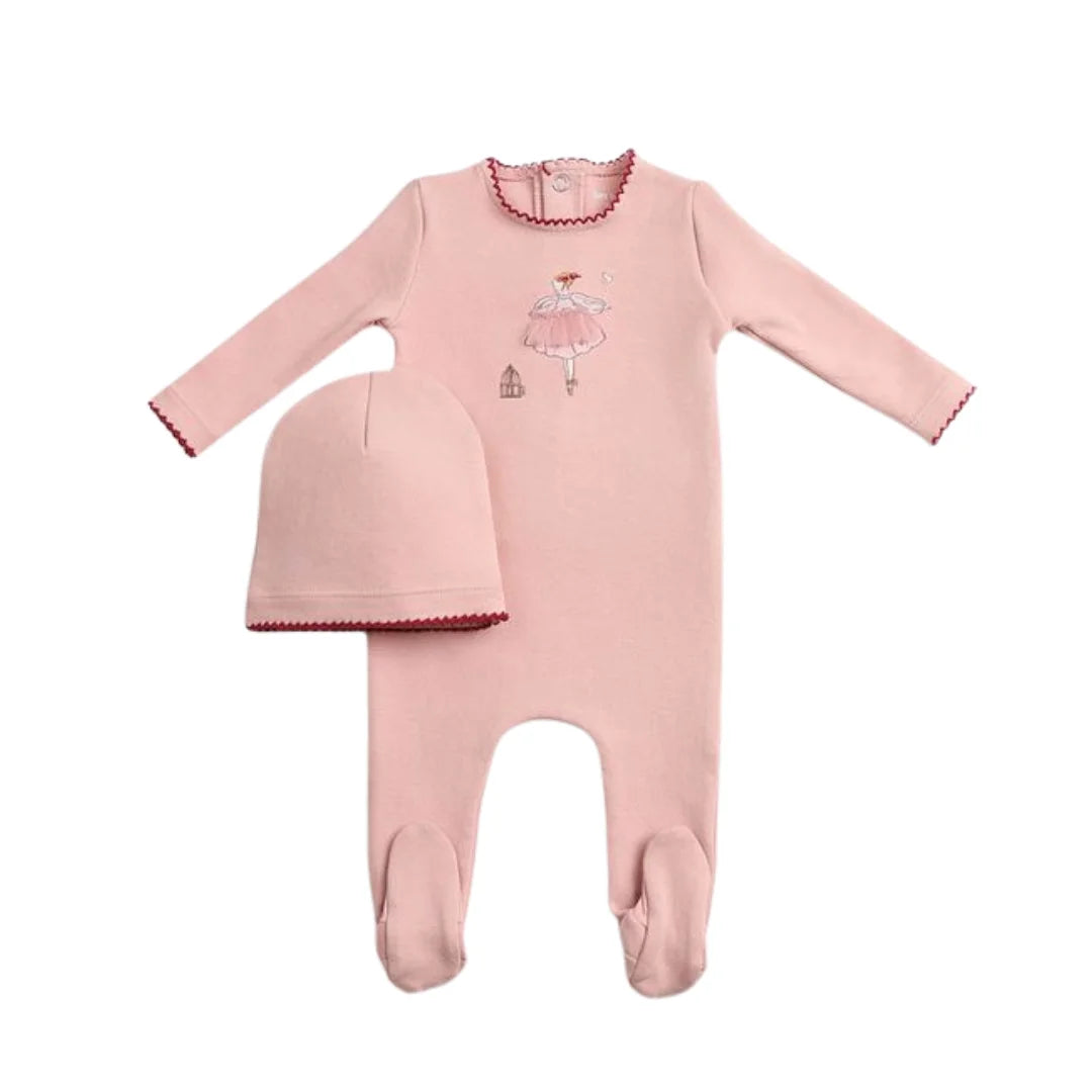 A front view of the elegant caramel Bee & Dee sketch footie and beanie set.