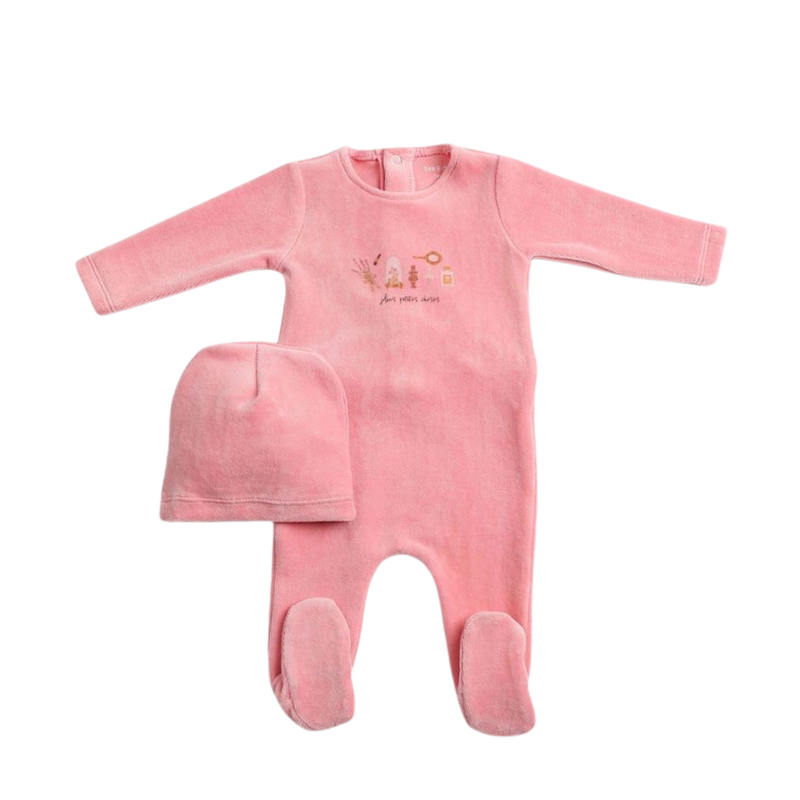 A front view of the luxurious dark rose Bee & Dee velour footie and beanie set.