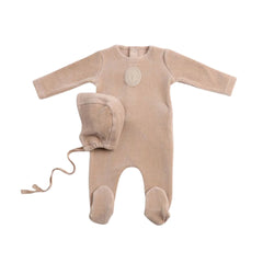 A front view of the luxurious flint grey Bee & Dee velour footie and bonnet set.