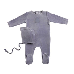 A front view of the luxurious nightshadow blue Bee & Dee velour footie and bonnet set.