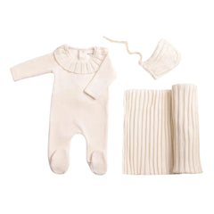 A front view of the elegant linen Bee & Dee Pleated Knit footie and bonnet full set.