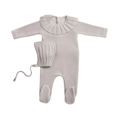 A front view of the elegant London Fog Bee & Dee Pleated Knit footie and bonnet.