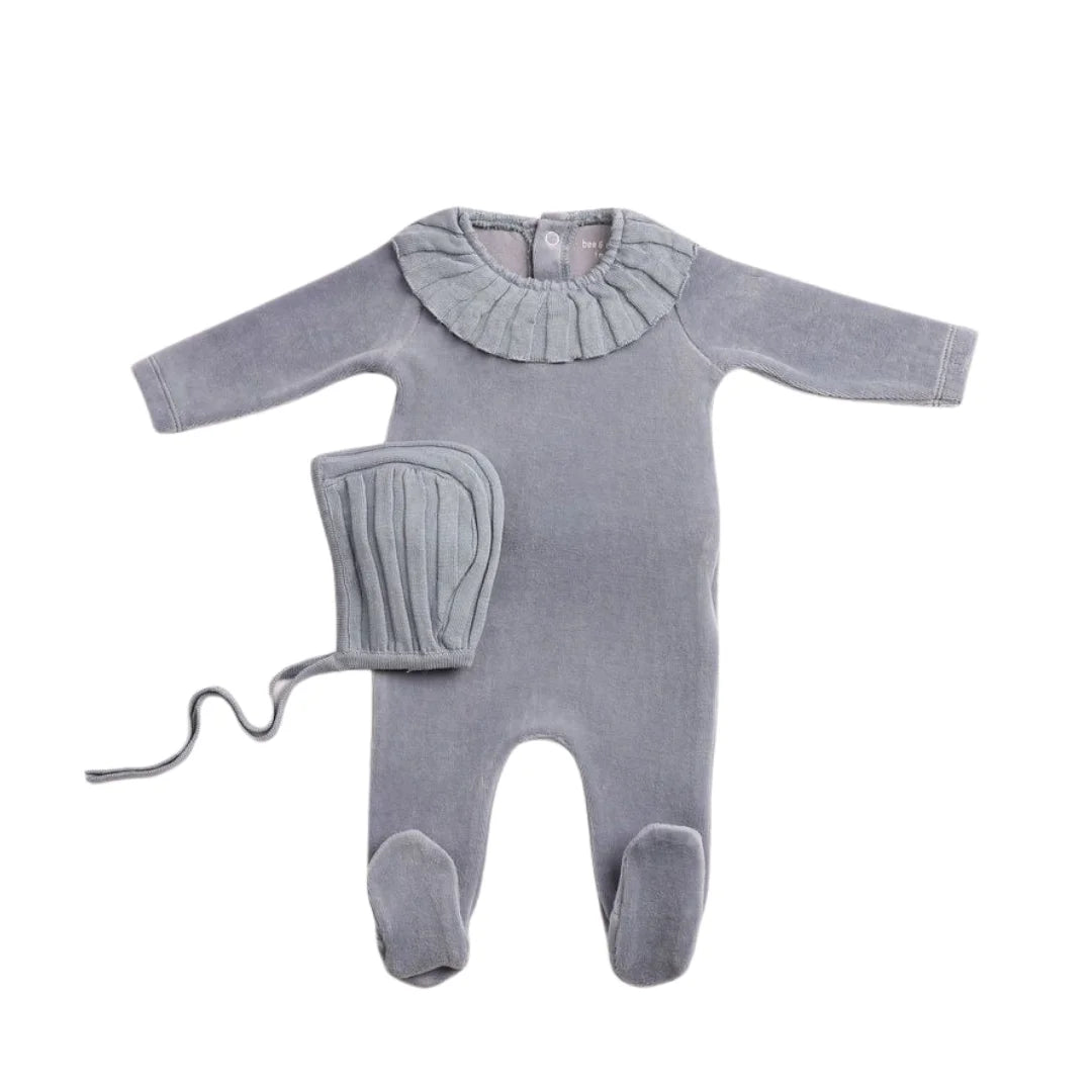 A front view of the elegant ocean blue Bee & Dee Pleated Knit footie and bonnet.