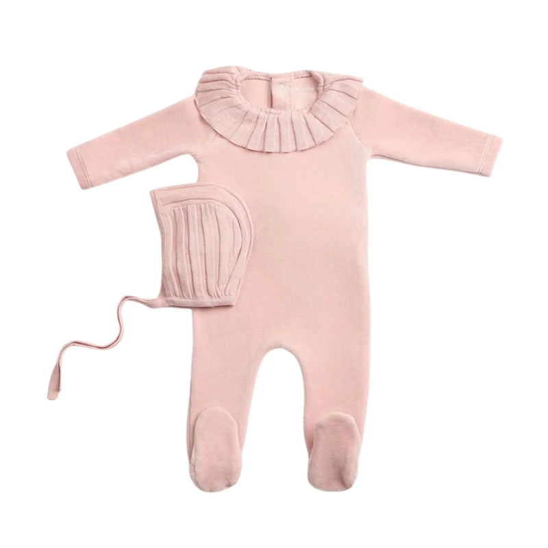 A front view of the elegant pink sand Bee & Dee Pleated Knit footie and bonnet.