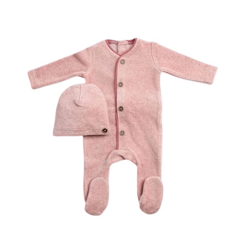 A front view of the luxurious old rose Bee & Dee velour footie and beanie set.