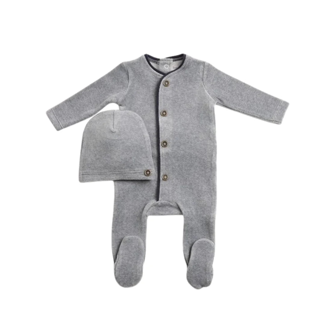 A front view of the luxurious smoky blue Bee & Dee velour footie and beanie set.