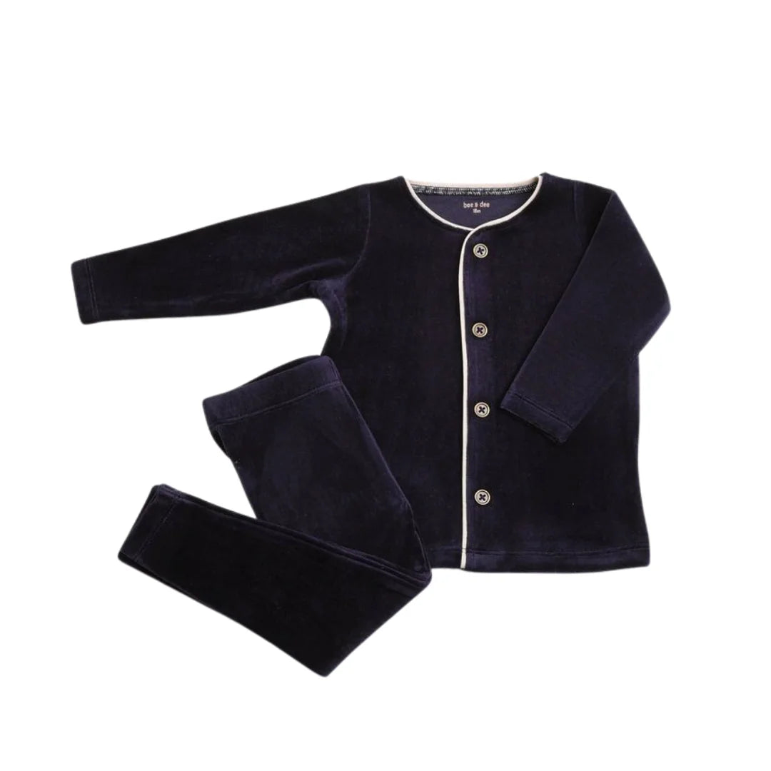 front view of the luxurious captain blue Bee & Dee velour loungewear set for toddler.