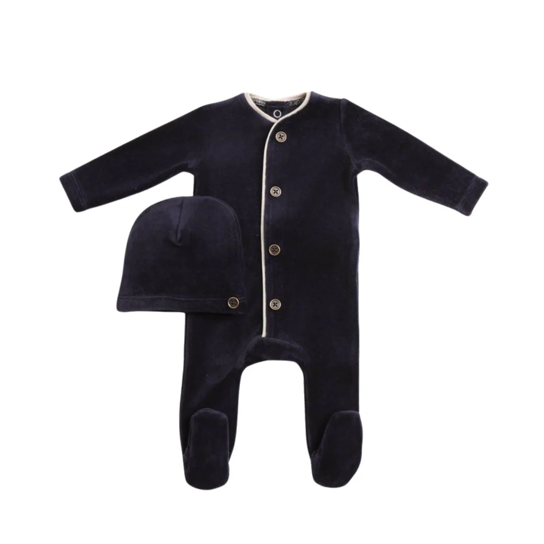 front view of the luxurious captain blue Bee & Dee velour loungewear set for baby.
