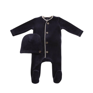 front view of the luxurious captain blue Bee & Dee velour loungewear set for baby.