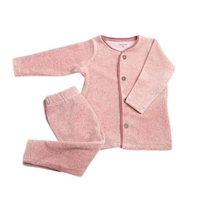A front view of the luxurious old rose Bee & Dee velour loungewear set for toddler.