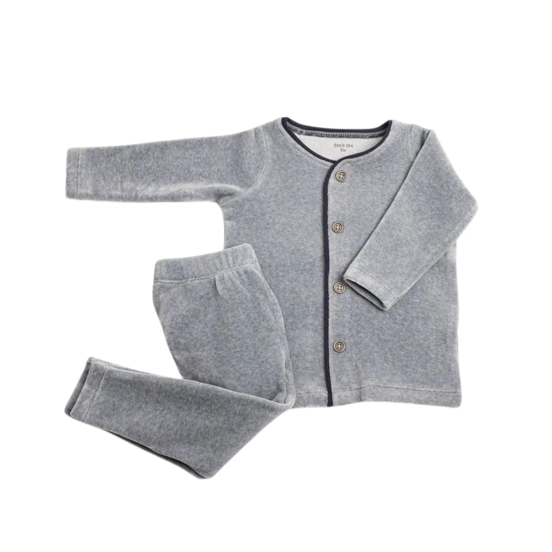 A front view of the luxurious smoky blue Bee & Dee velour loungewear set for toddlers.