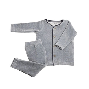 A front view of the luxurious smoky blue Bee & Dee velour loungewear set for toddlers.