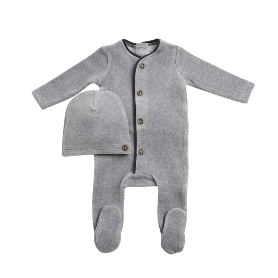 A front view of the luxurious smoky blue Bee & Dee velour loungewear set.