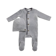 A front view of the luxurious smoky blue Bee & Dee velour loungewear set.