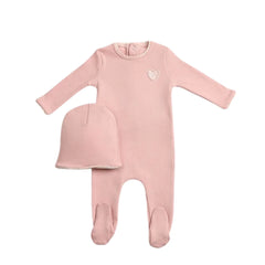 front view of the elegant tea rose Bee & Dee cutout footie and beanie set.