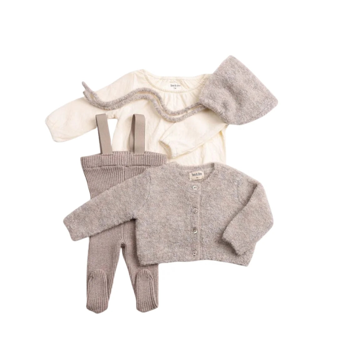 A front view of the elegant toasted oat Bee & Dee Textured Wool Ensemble.
