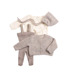 A front view of the elegant toasted oat Bee & Dee Textured Wool Ensemble.