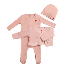 A front view of the luxurious caramel Bee & Dee velour cardigan and ribbed footie/beanie set.