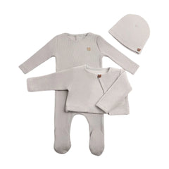 A front view of the luxurious London Fog Bee & Dee velour cardigan and ribbed footie/beanie set.