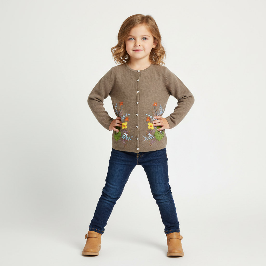 Little Girls Beige Embroidered Cardigan | Elegant Knit Layering Essential