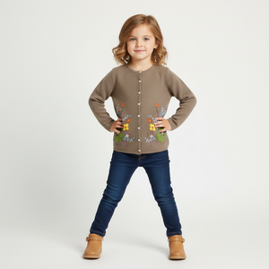 Little Girls Beige Embroidered Cardigan | Elegant Knit Layering Essential