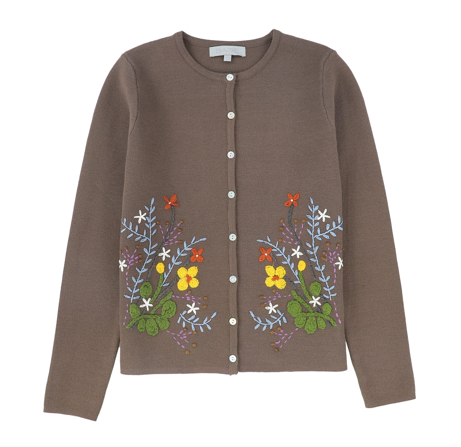 Brown cardigan with floral embroidery on a white background