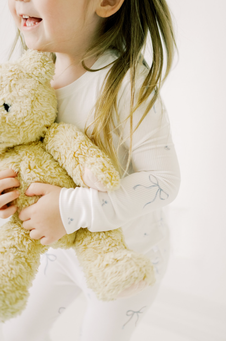 Dreamy Skies Baby - Ribbed Bamboo Two Piece Pj Set in Blue Bows: 4T