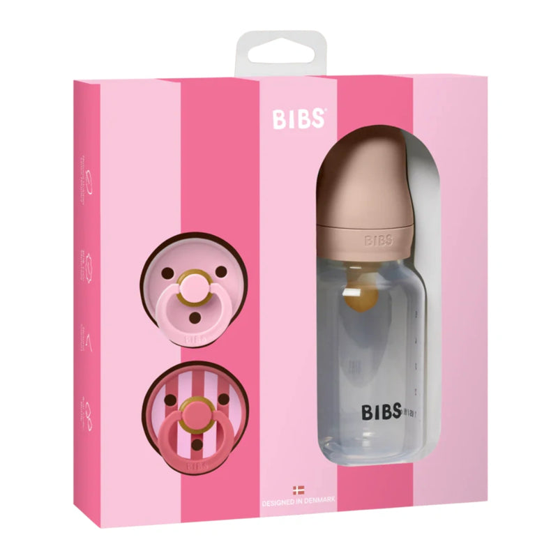 BIBS baby bottle and pacifiers set in packaging with pink and white striped design