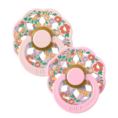 A breathtaking BIBS x Liberty Boheme Pacifier 2-Pack featuring an intricate, artistic shield, Liberty floral patterns, and premium round natural rubber nipples.