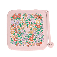 Small pink pouch with floral pattern on a white background