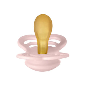 Pink pacifier with a gold teether on a white background