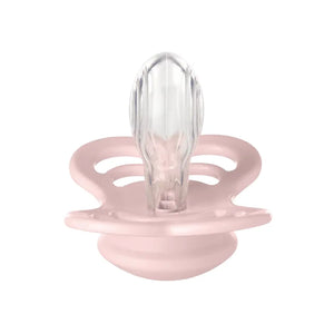 Pink baby pacifier with clear silicone tip on a white background