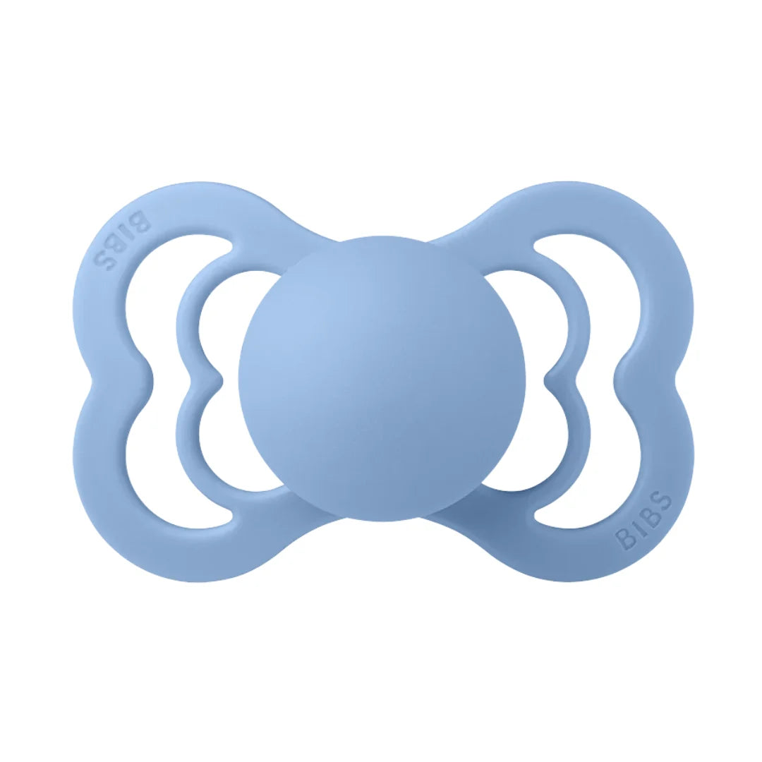 Blue pacifier on a white background