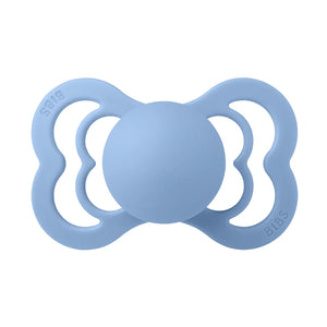 Blue pacifier on a white background
