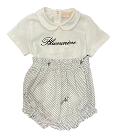 Miss Blumarine White Rhinestone Bodysuit with Black Stripes Shorts
