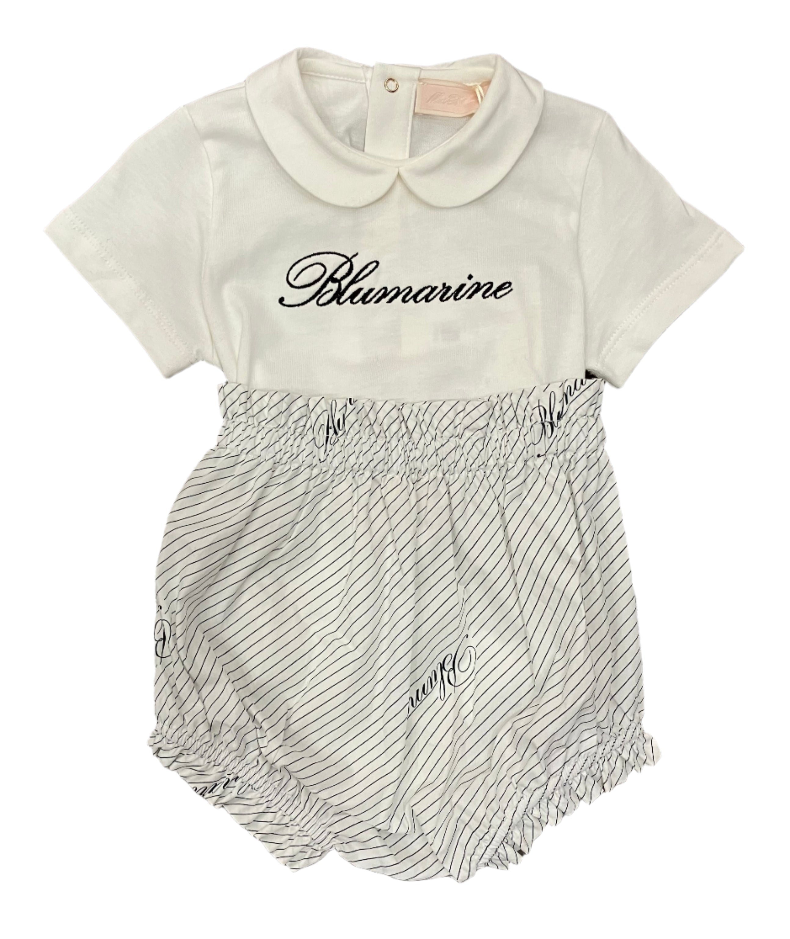 Miss Blumarine White Rhinestone Bodysuit with Black Stripes Shorts