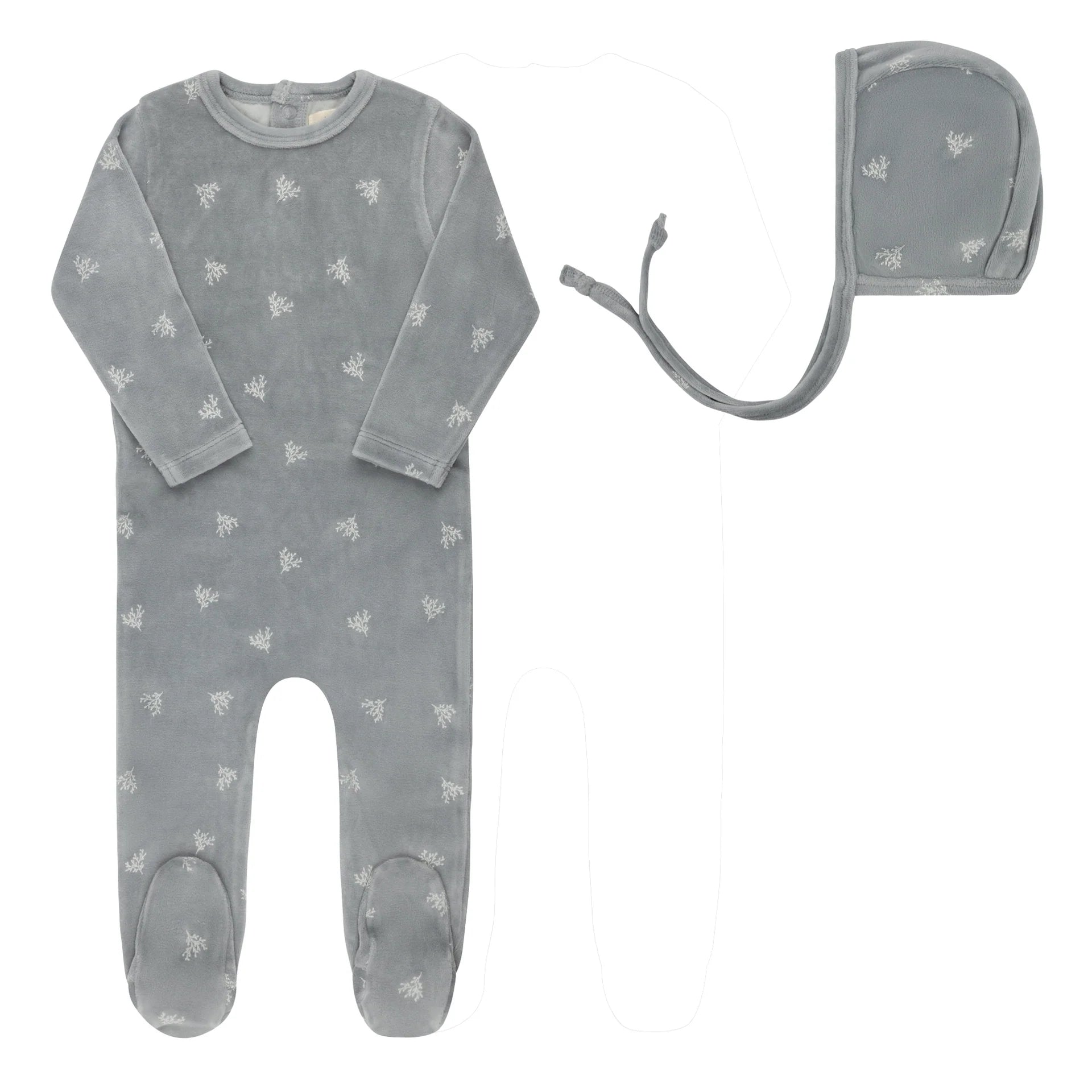 Ely's & Co Blue Velour Leaf Footie + Bonnet