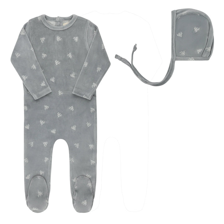 Ely's & Co Blue Velour Leaf Footie + Bonnet