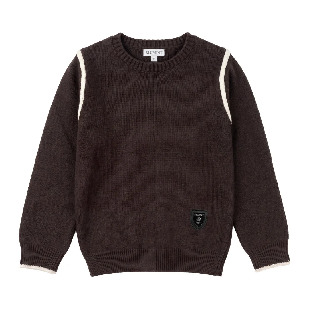 Studio front view of the Blumint brown rope detail cable knit sweater for toddlers.