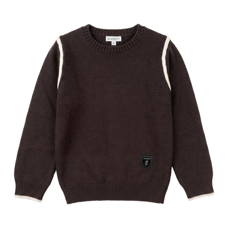 Studio front view of the Blumint brown rope detail cable knit sweater for toddlers.